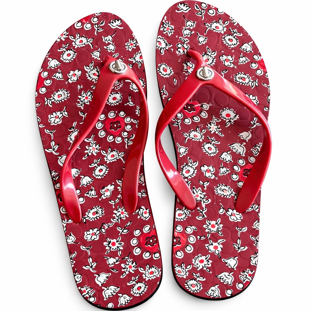 COACH Red Floral Pattern Flip Flops